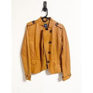 Gap Y2K Leather Jacket Button Front Military Epaulets Cognac Tan Camel XL